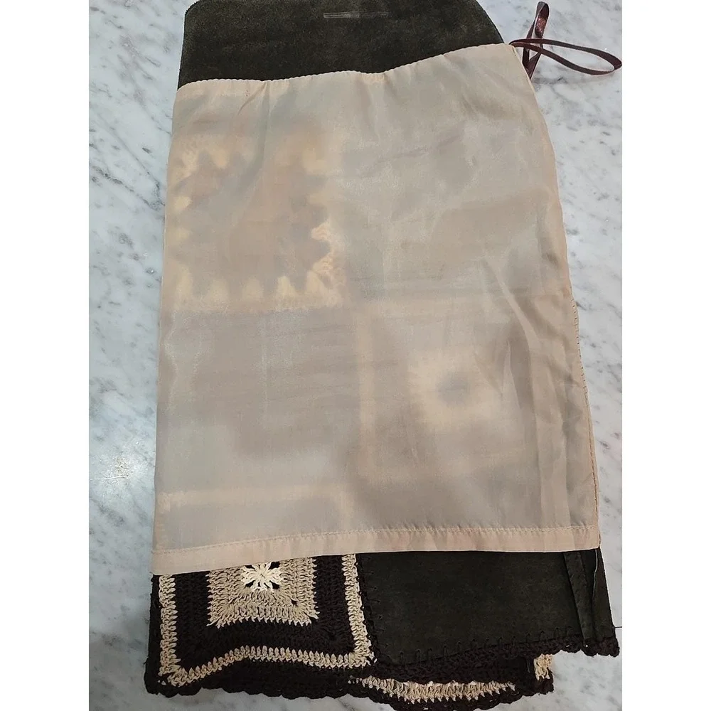 Genuine leather‎ crochet mini skirt brown Sz7 lining side zipper